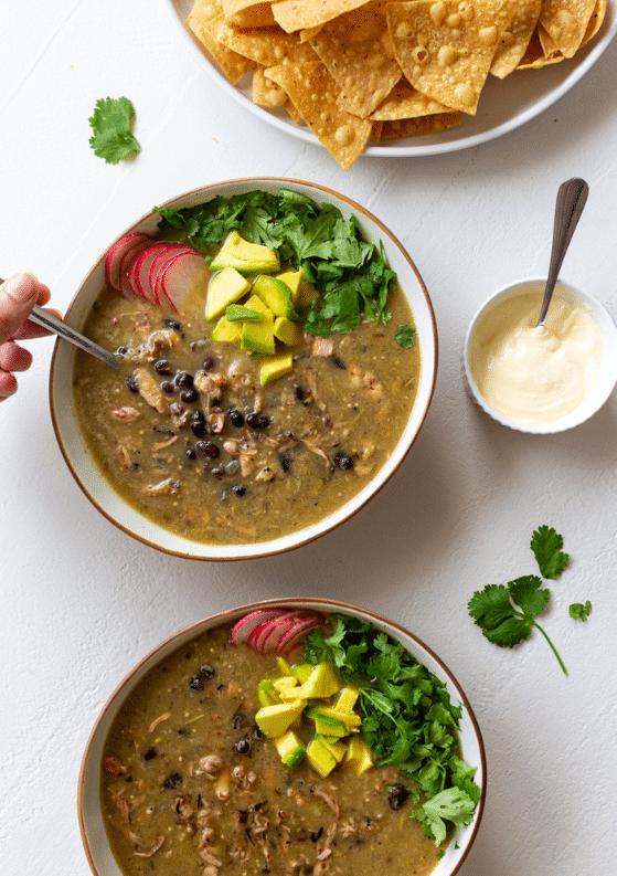 Roasted Tomatillo, Black Bean & Pulled Jackfruit Soup